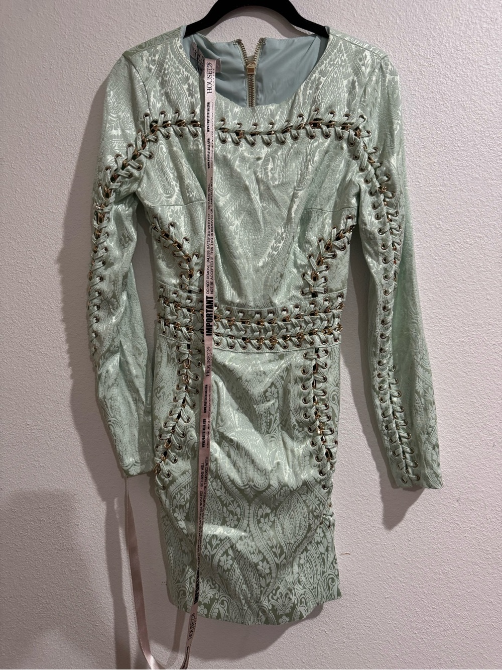 House of CB Pale Mint Lace-Up Long Sleeve Bodycon Dress